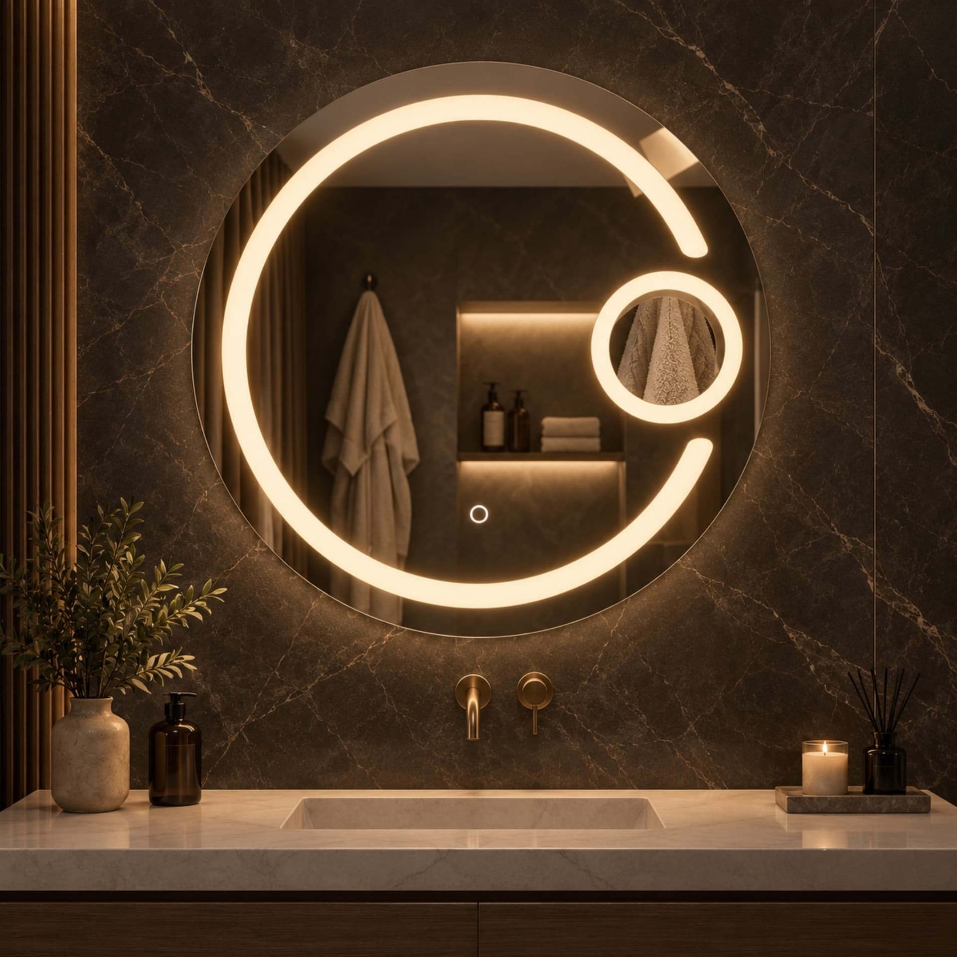 Specchio 5 mm Tondo Cornice Led Interruttore Touch PVC MDF - 7