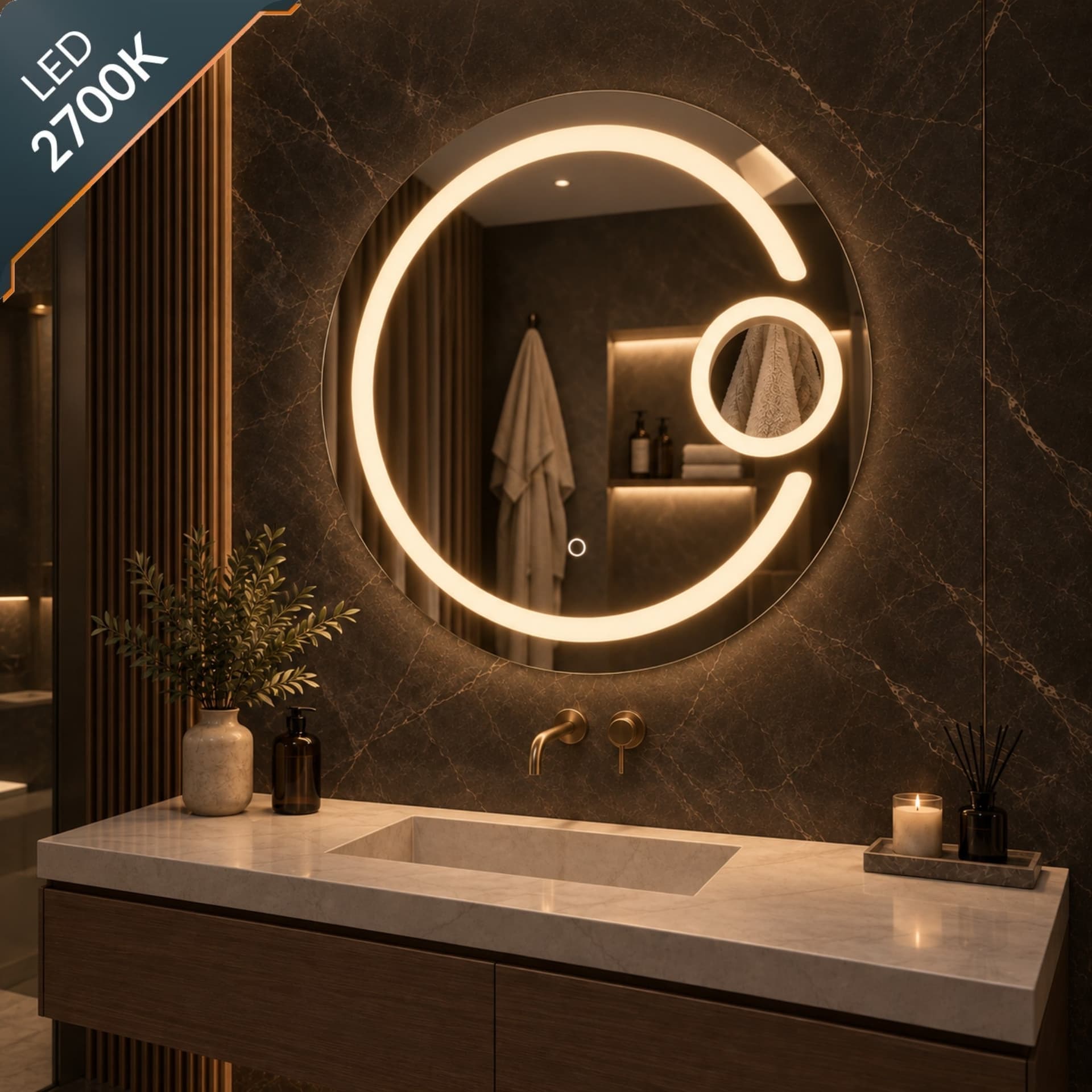 Specchio 5 mm Tondo Cornice Led Interruttore Touch PVC MDF - 8