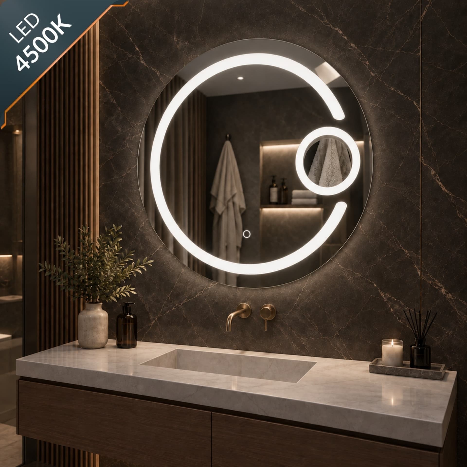 Specchio 5 mm Tondo Cornice Led Interruttore Touch PVC MDF - 9