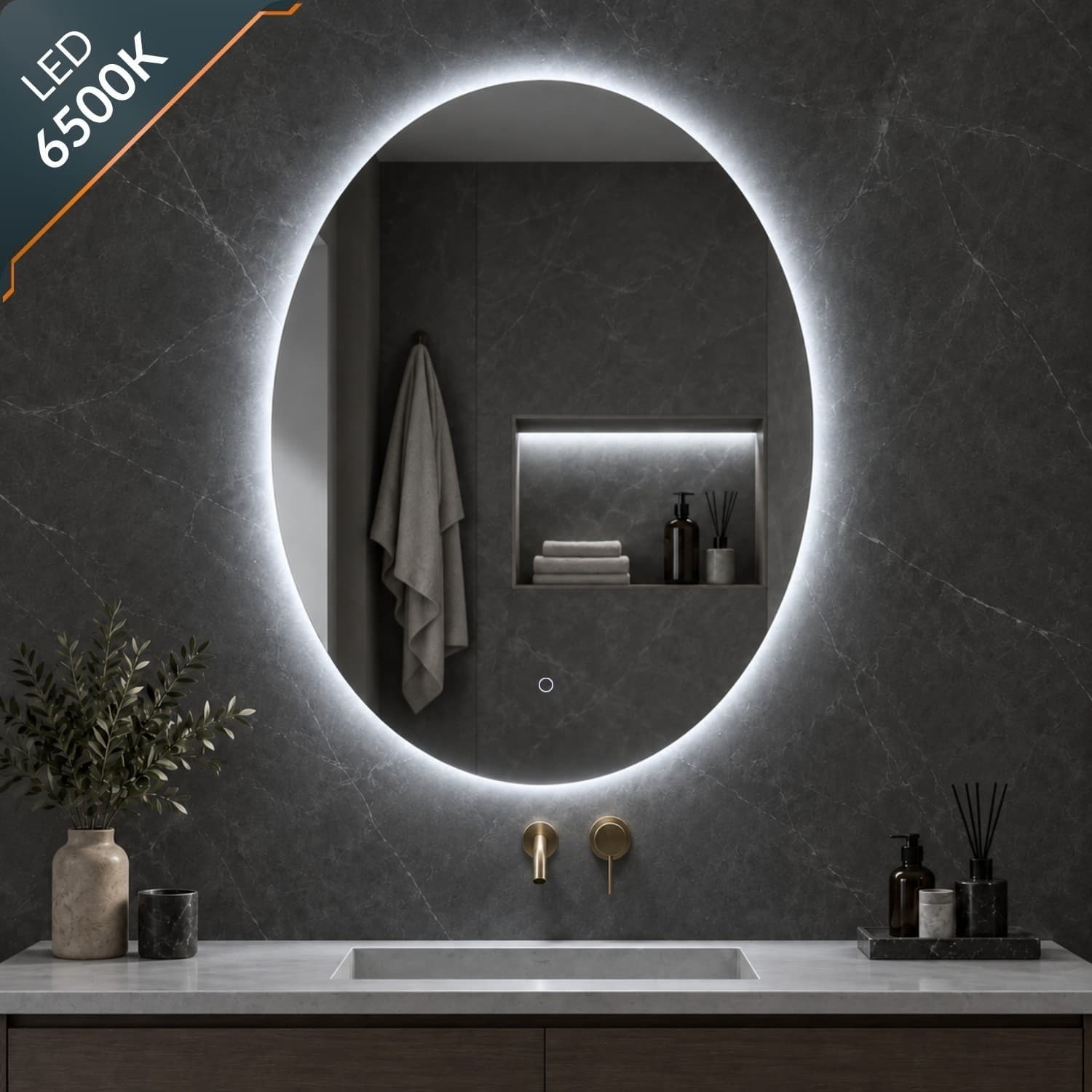 Specchio 5 mm Ovale Retroilluminato Led Interruttore Touch PVC e MDF - 3