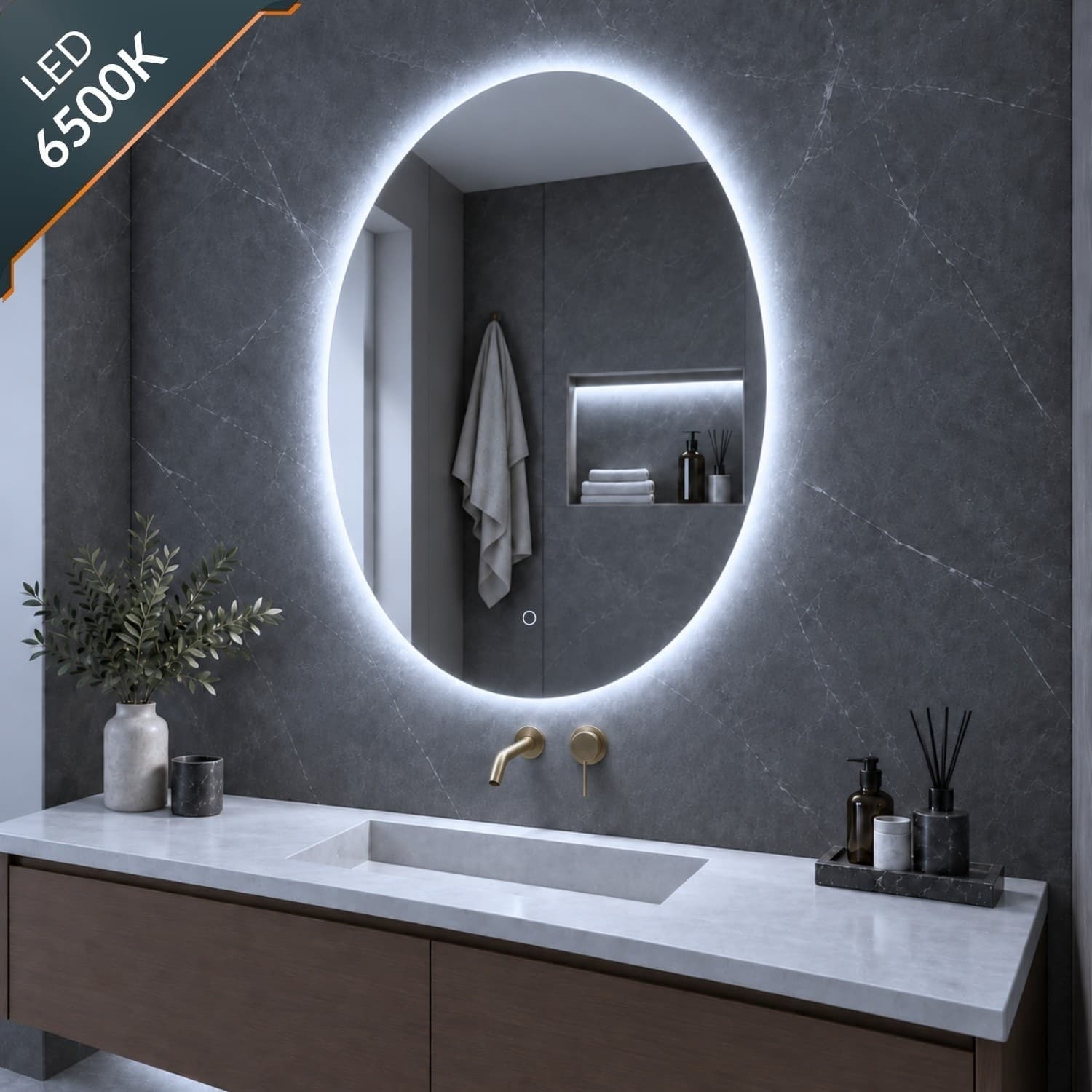 Specchio 5 mm Ovale Retroilluminato Led Interruttore Touch PVC e MDF - 4