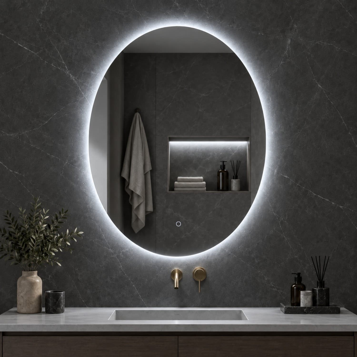 Specchio 5 mm Ovale Retroilluminato Led Interruttore Touch PVC e MDF - 5