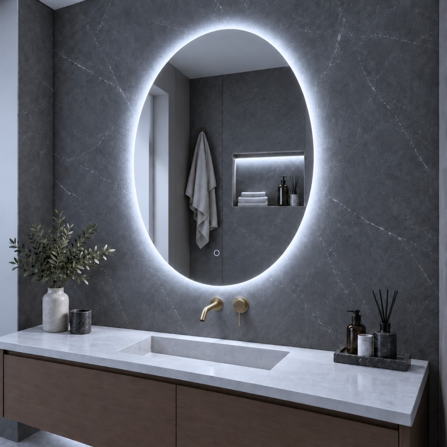 Specchio 5 mm Ovale Retroilluminato Led Interruttore Touch PVC e MDF - 10