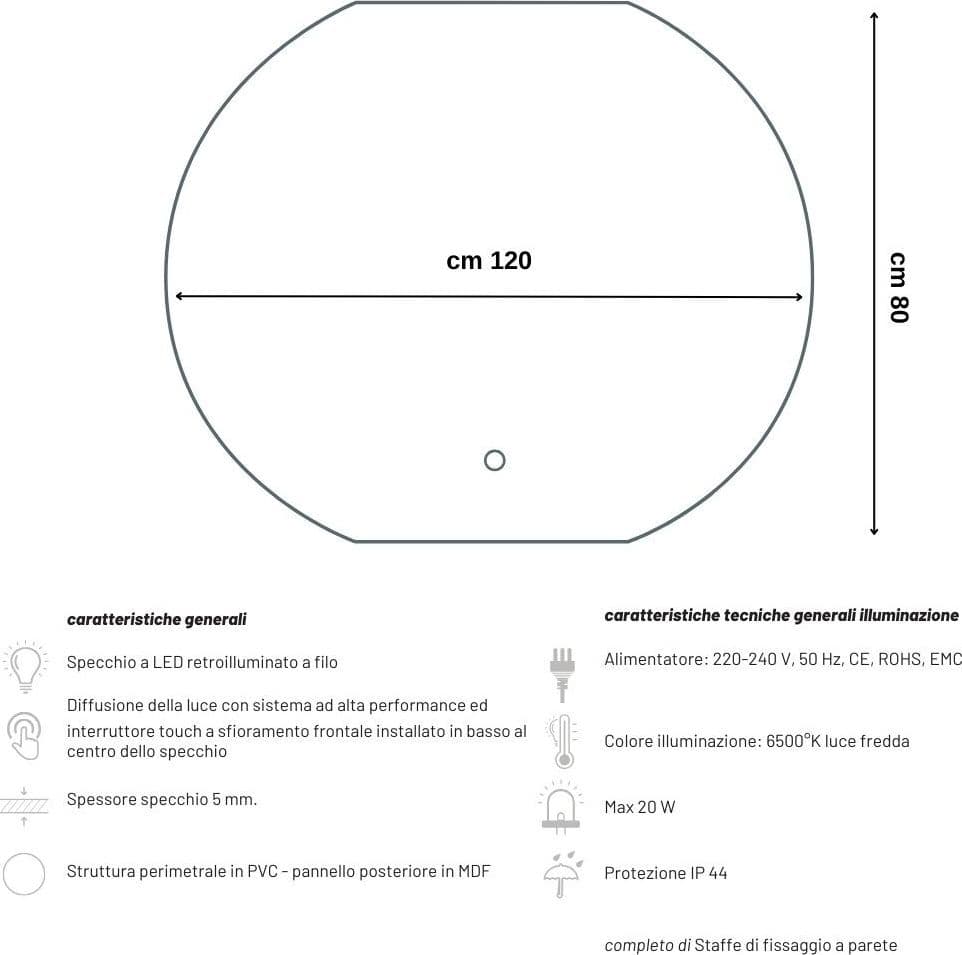Specchio 5 mm Semicircolare Retroilluminato Led Interruttore Touch - 14