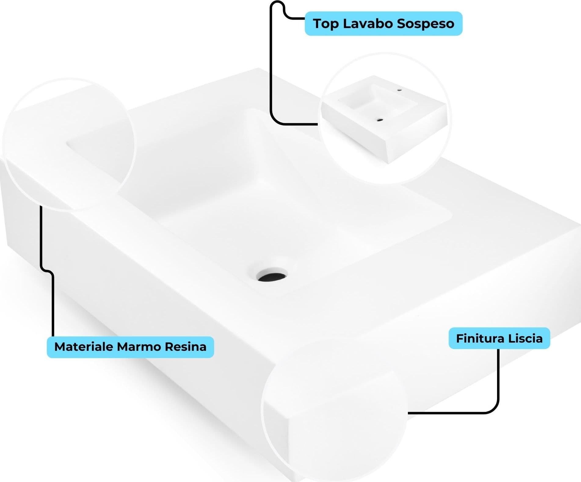 Top Lavabo Sospeso in Materiale Marmo Resina Finitura Liscia Due Colorazioni - 18