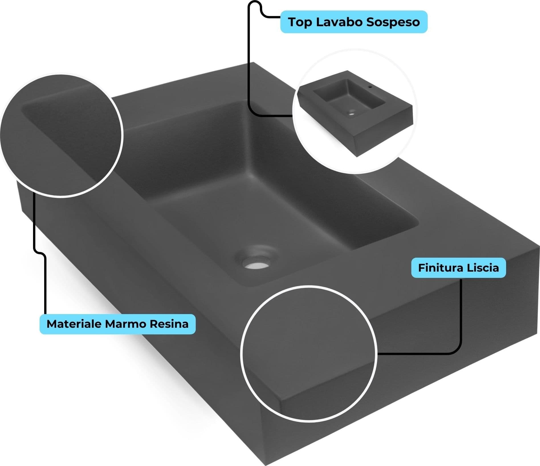 Top Lavabo Sospeso in Materiale Marmo Resina Finitura Liscia Due Colorazioni - 29