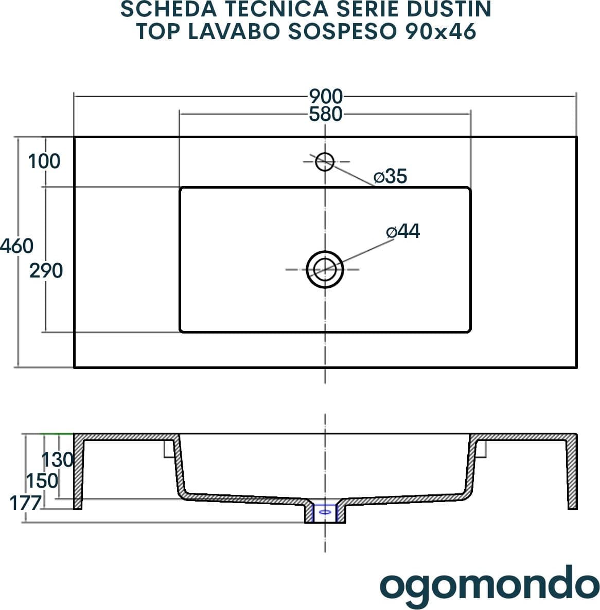 Top Lavabo Sospeso Serie Dustin In Mineral Marmo Finitura Liscia - 36
