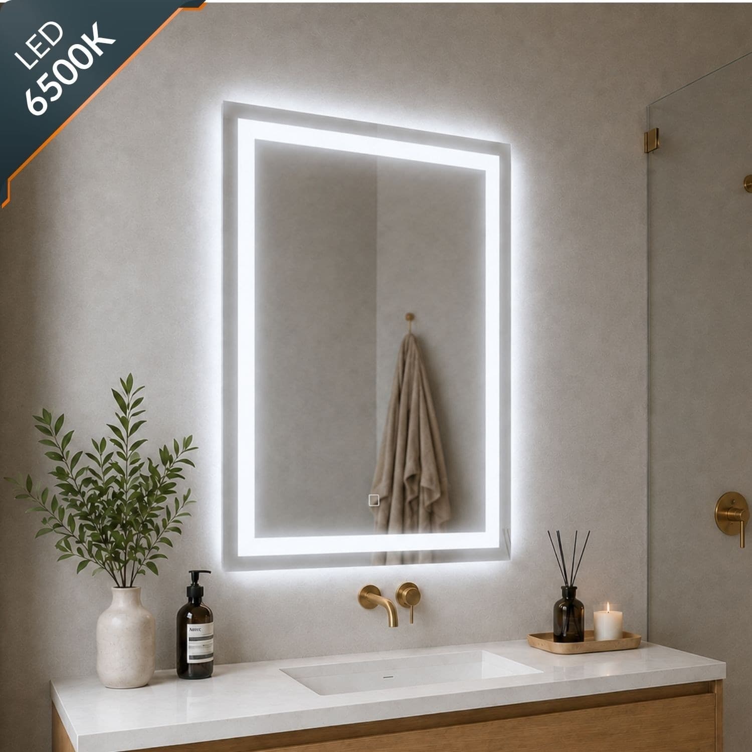 Specchio Rettangolare Con Cornice Led E Interruttore Touch - 9