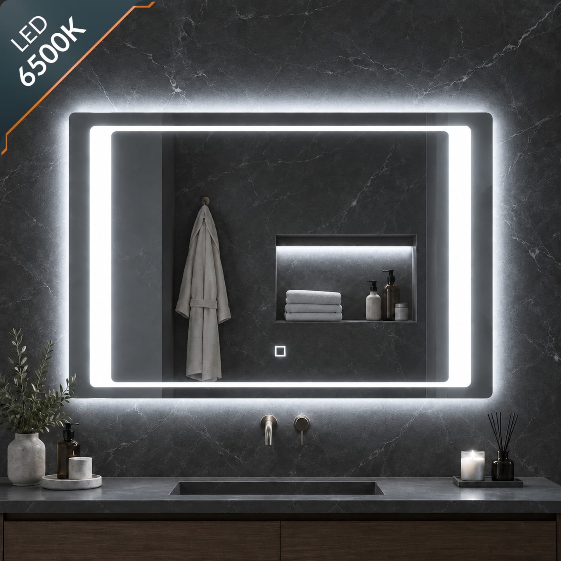 Specchio-5-mm-Rettangolare-Cornice-Led-Interruttore-Touch-Alluminio-MDF