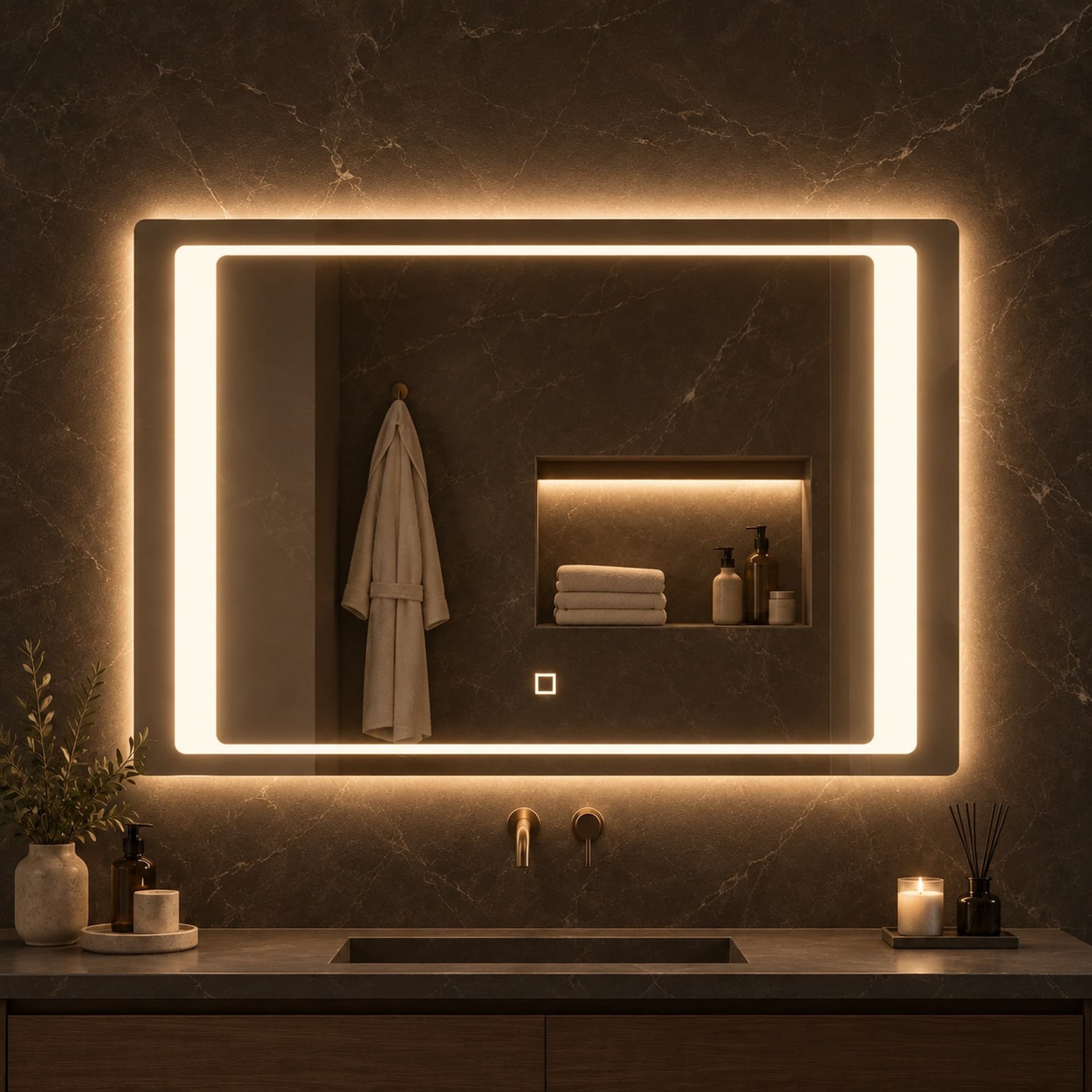 Specchio 5 mm Rettangolare Cornice Led Interruttore Touch Alluminio MDF - 25