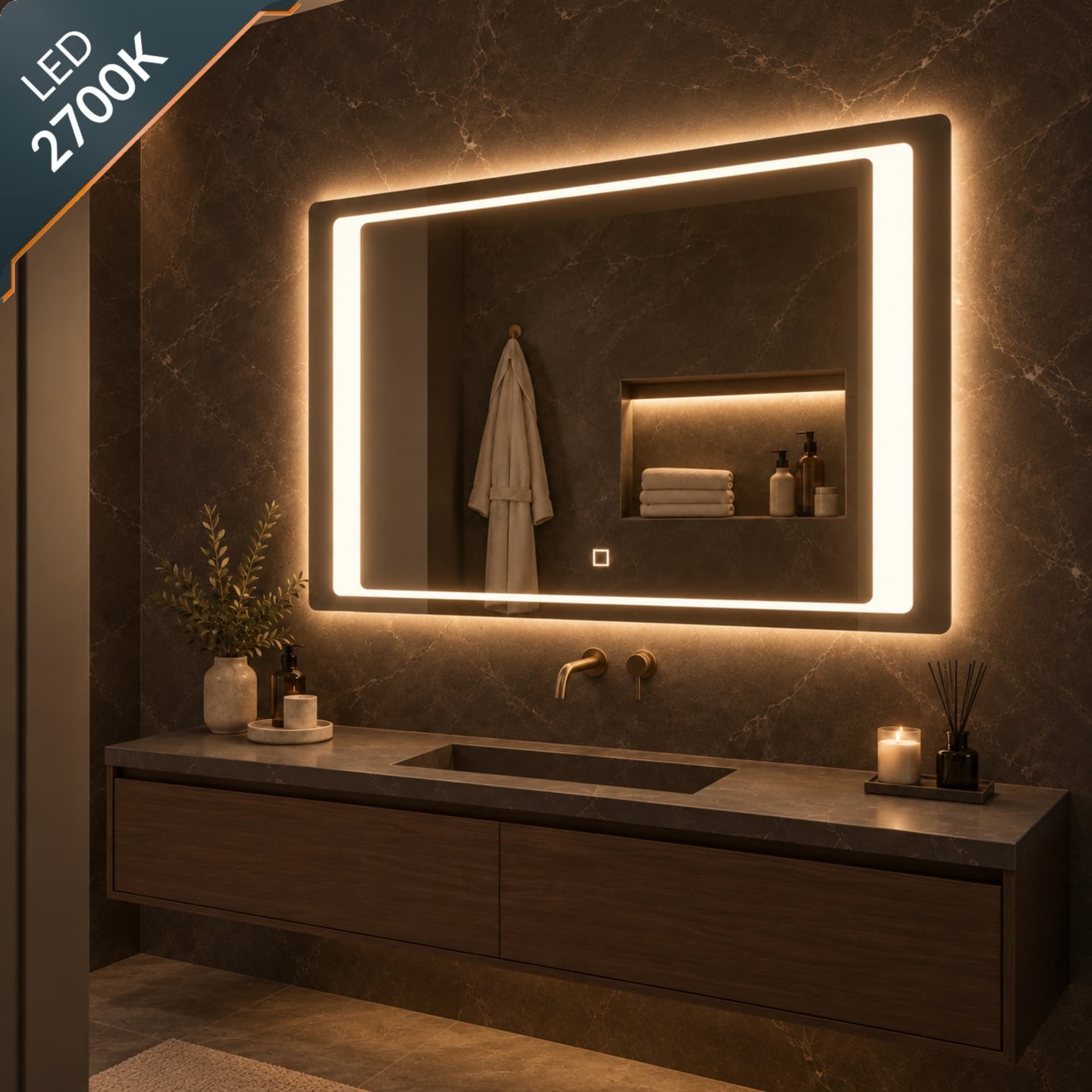 Specchio 5 mm Rettangolare Cornice Led Interruttore Touch Alluminio MDF - 34