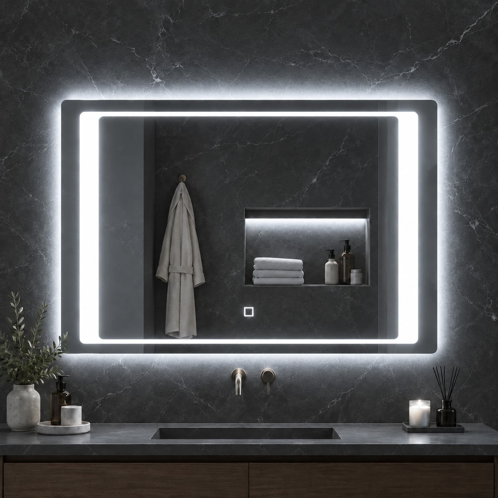 Specchio-5-mm-Rettangolare-Cornice-Led-Interruttore-Touch-Alluminio-MDF