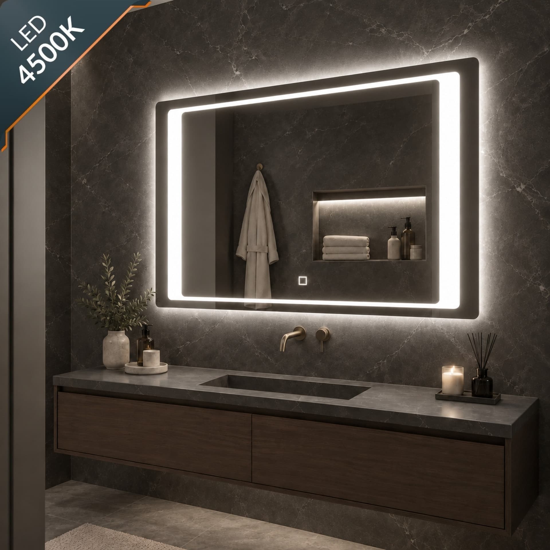 Specchio 5 mm Rettangolare Cornice Led Interruttore Touch Alluminio MDF - 45