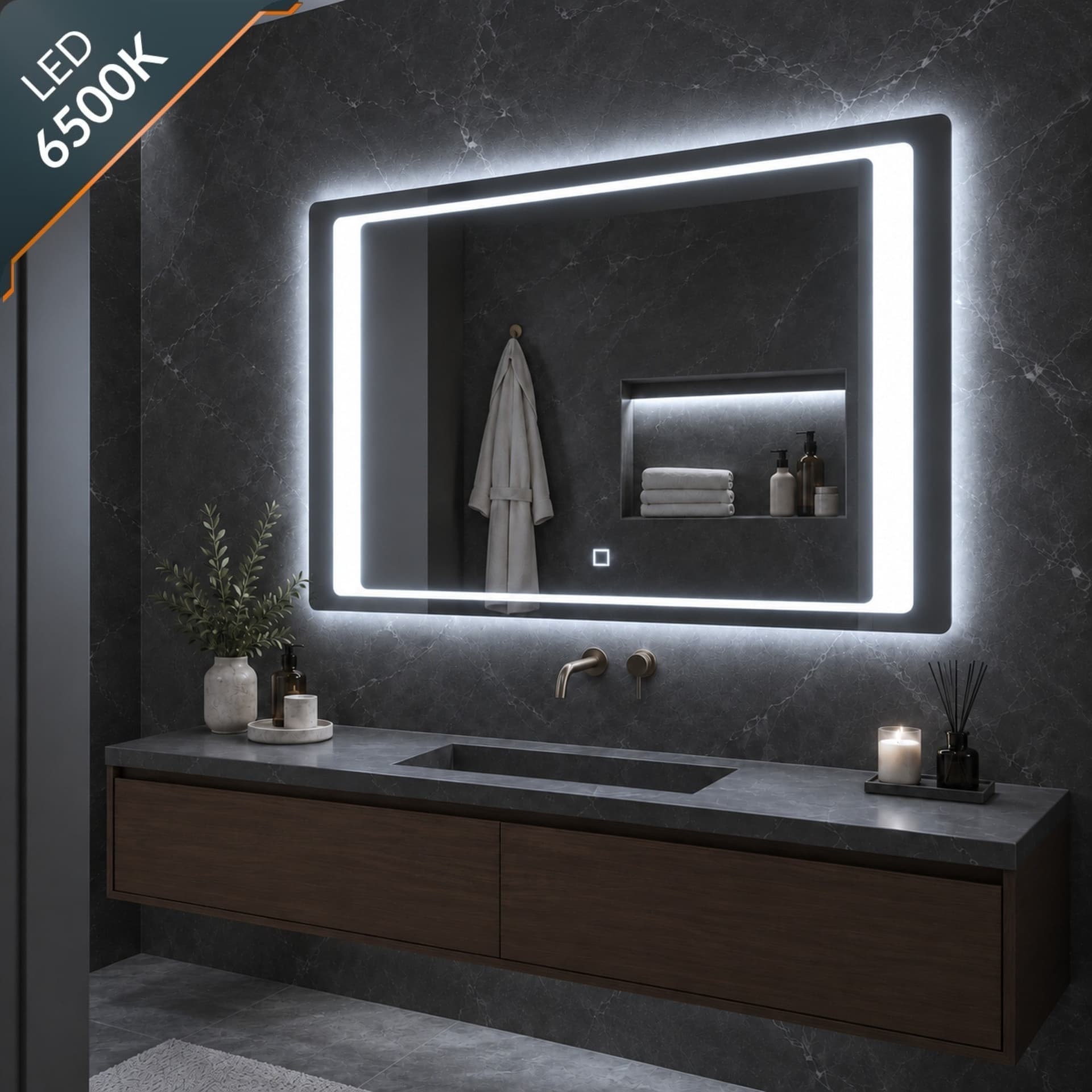 Specchio 5 mm Rettangolare Cornice Led Interruttore Touch Alluminio MDF - 46