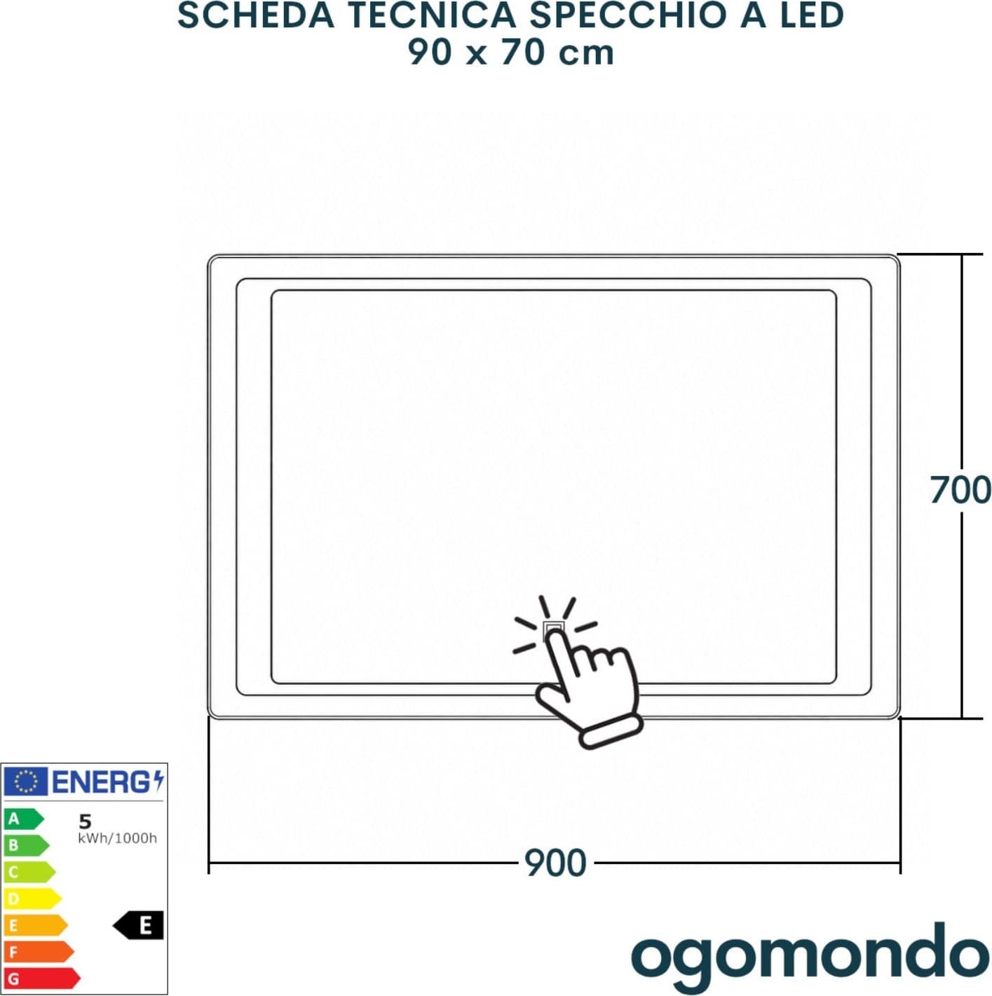 Specchio 5 mm Rettangolare Cornice Led Interruttore Touch Alluminio MDF - 46