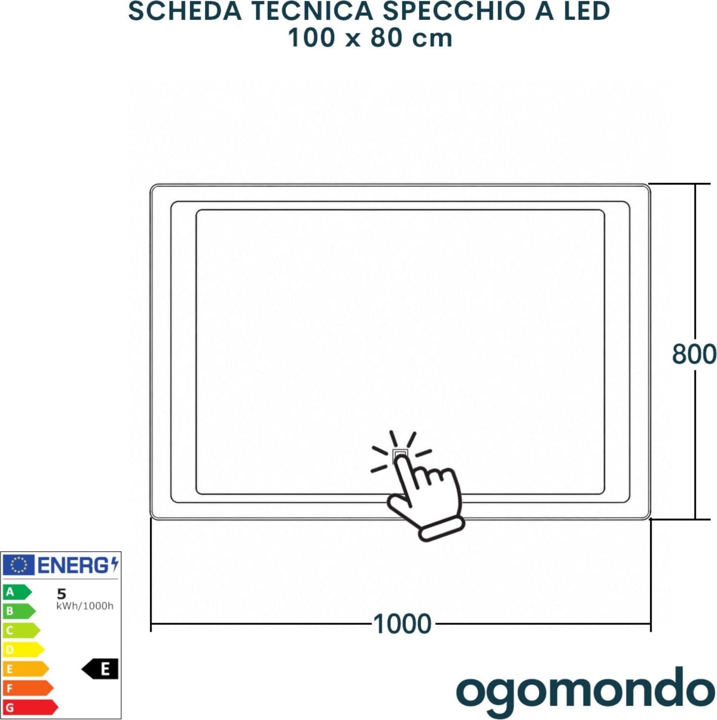 Specchio 5 mm Rettangolare Cornice Led Interruttore Touch Alluminio MDF - 47