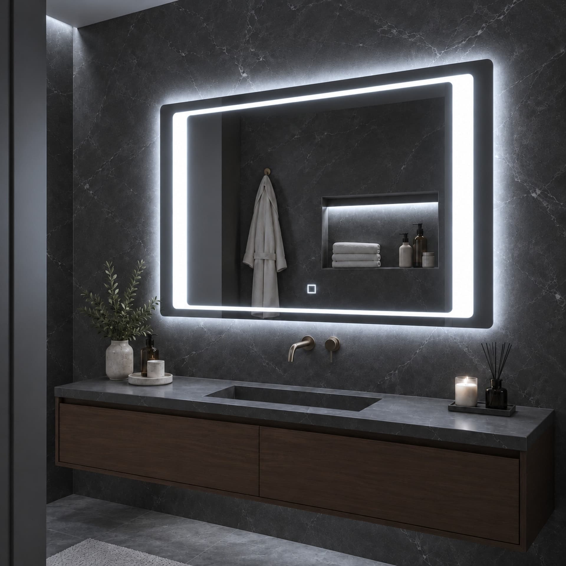 Specchio 5 mm Rettangolare Cornice Led Interruttore Touch Alluminio MDF - 8