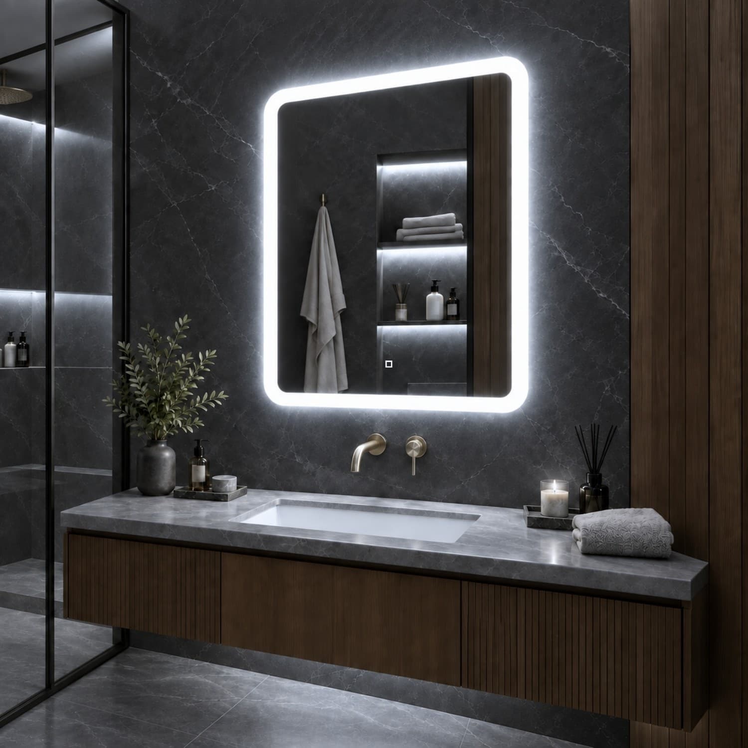 Specchio 5 mm Rettangolare Led Interruttore Touch Alluminio MDF Bagno - 14