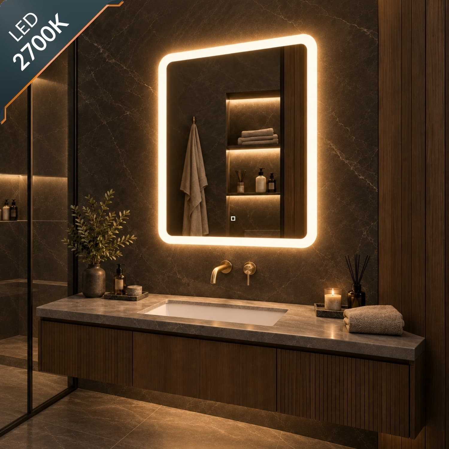 Specchio 5 mm Rettangolare Led Interruttore Touch Alluminio MDF Bagno - 26