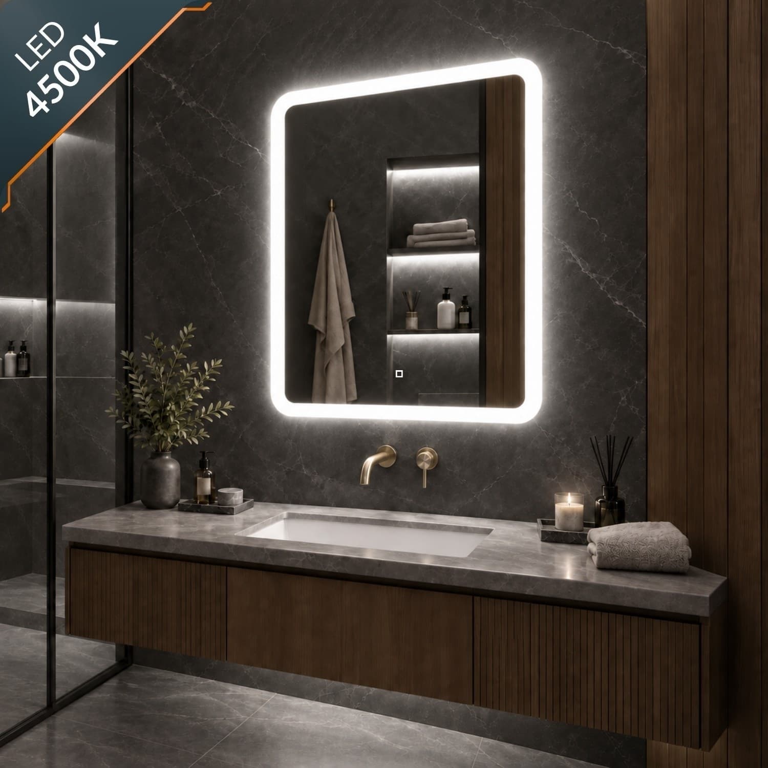 Specchio 5 mm Rettangolare Led Interruttore Touch Alluminio MDF Bagno - 34
