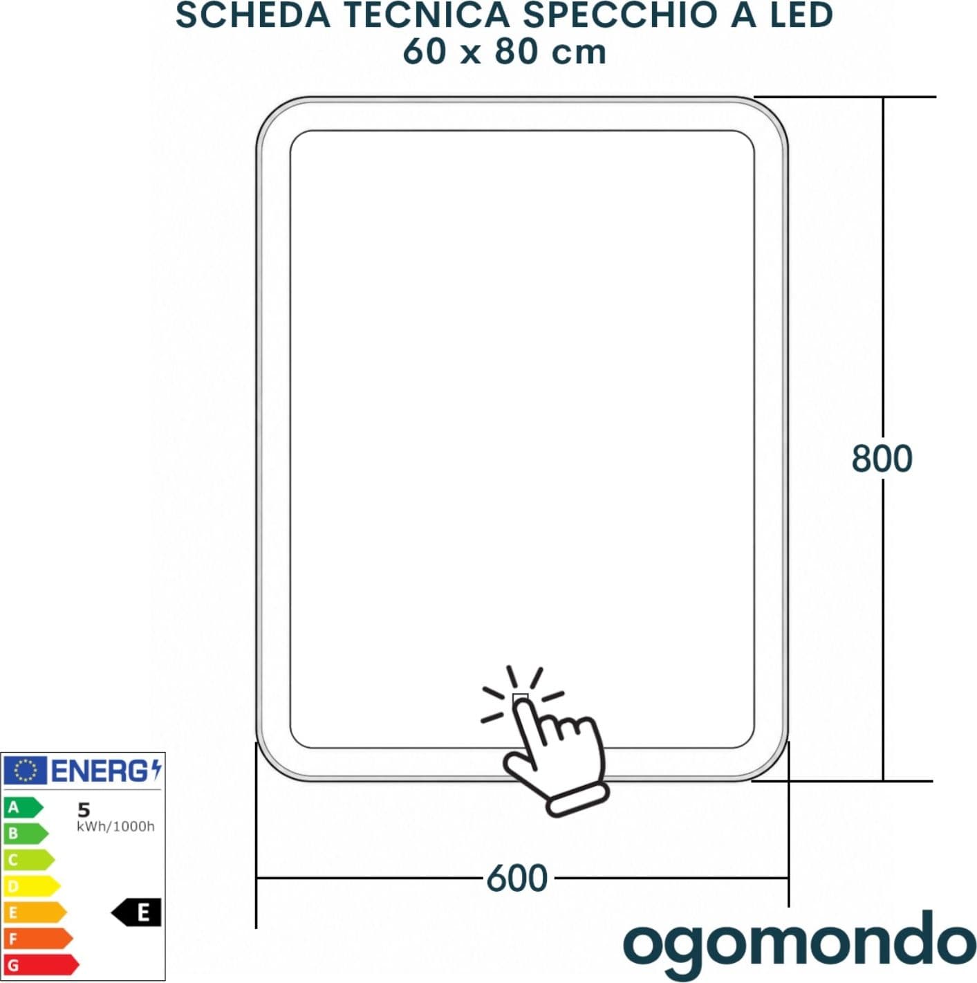 Specchio 5 mm Rettangolare Led Interruttore Touch Alluminio MDF Bagno - 12
