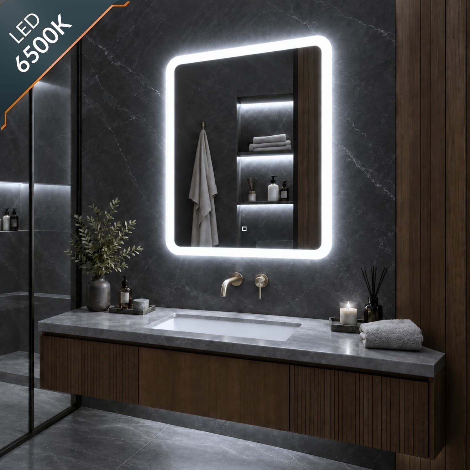 Specchio 5 mm Rettangolare Led Interruttore Touch Alluminio MDF Bagno - 10
