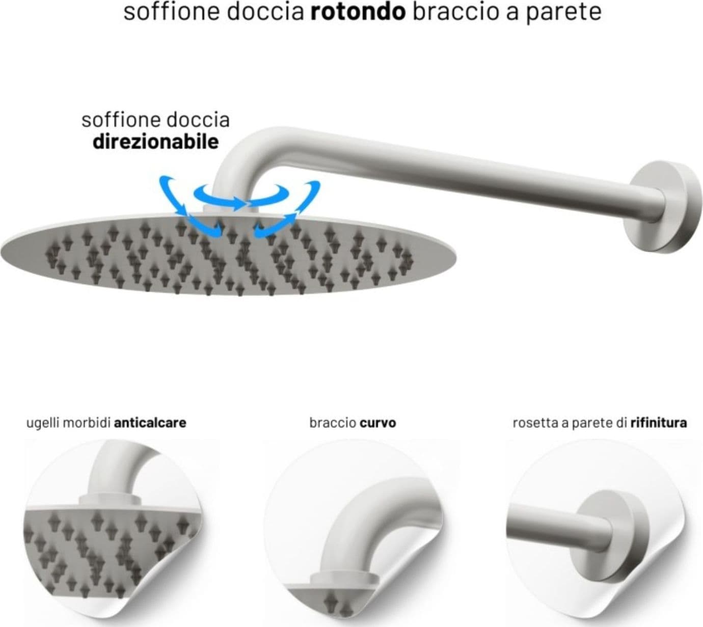 Set Per Doccia Soffione Tondo In Acciaio Inox 250 Millimetri Color Bianco Opaco - 4