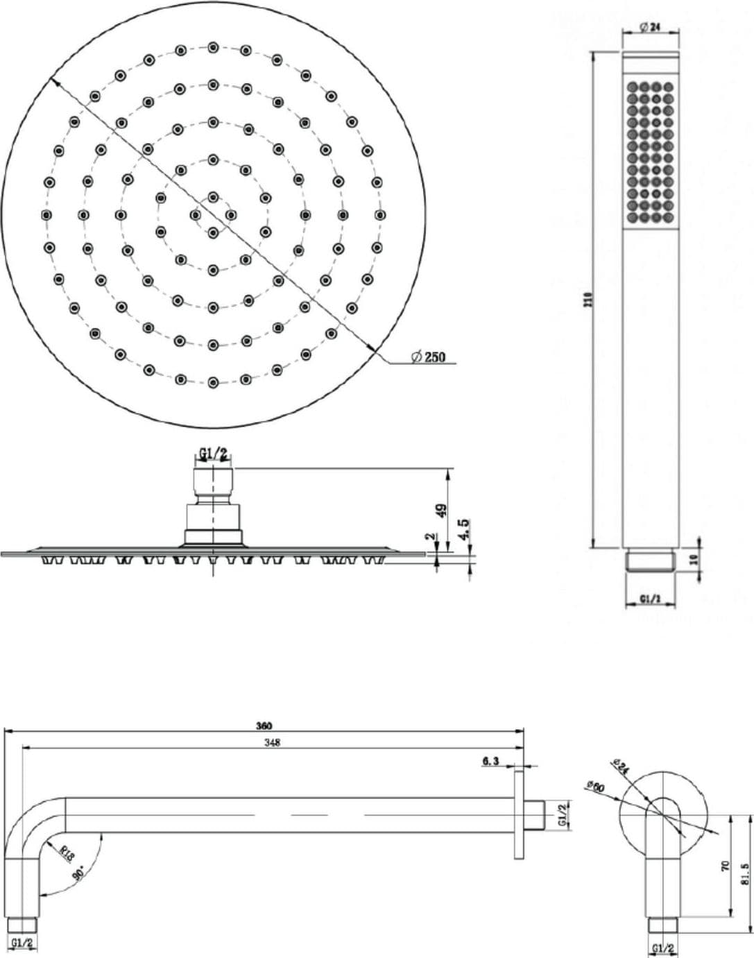 Set Per Doccia Soffione Tondo In Acciaio Inox 250 Millimetri Color Bianco Opaco - 8