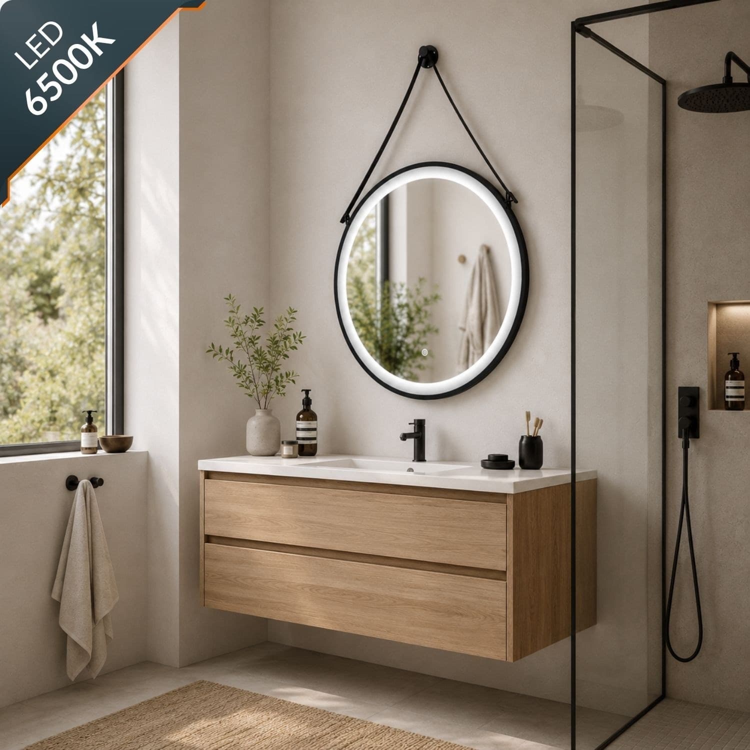 Specchio-5-mm-Tondo-Alluminio-Nero-Retroilluminato-Interruttore-Touch