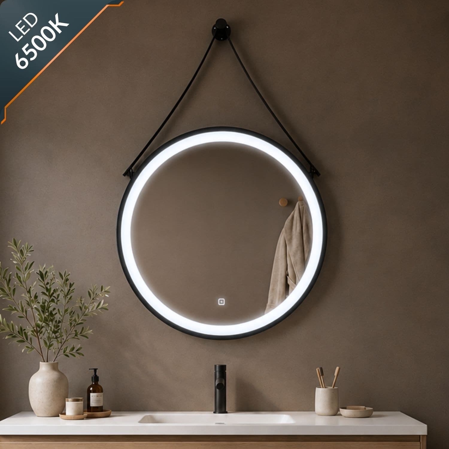 Specchio-5-mm-Tondo-Alluminio-Nero-Retroilluminato-Interruttore-Touch