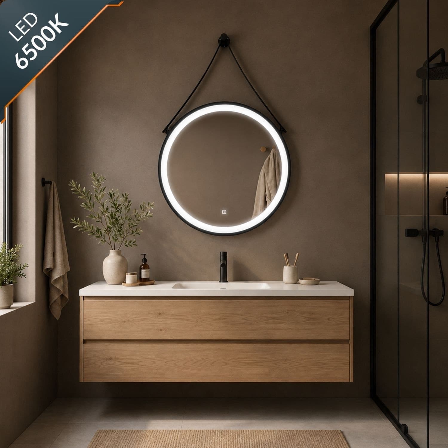 Specchio-5-mm-Tondo-Alluminio-Nero-Retroilluminato-Interruttore-Touch