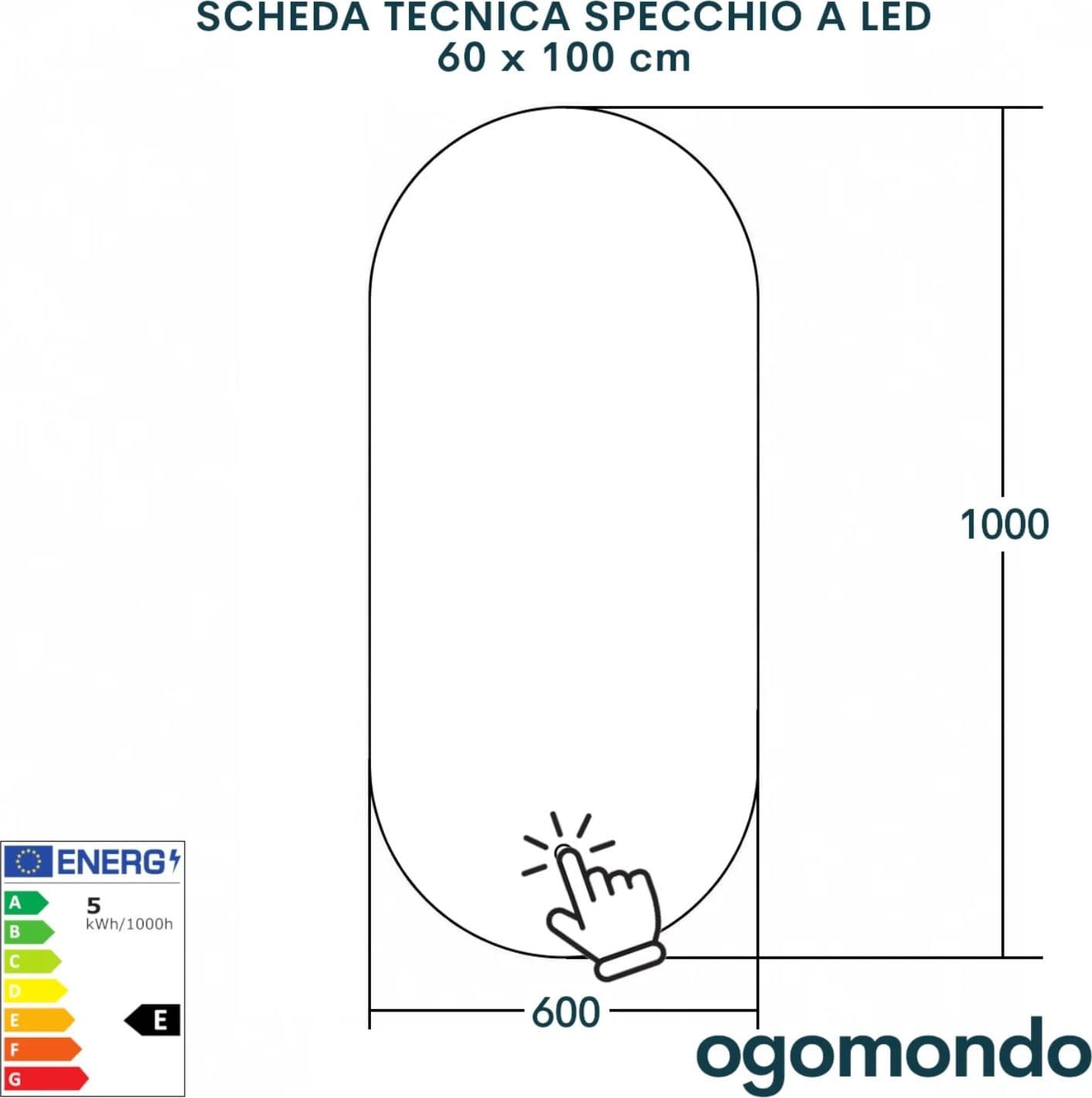 Specchio Ovale Retroilluminato A Led Con Interruttore Touch - 6