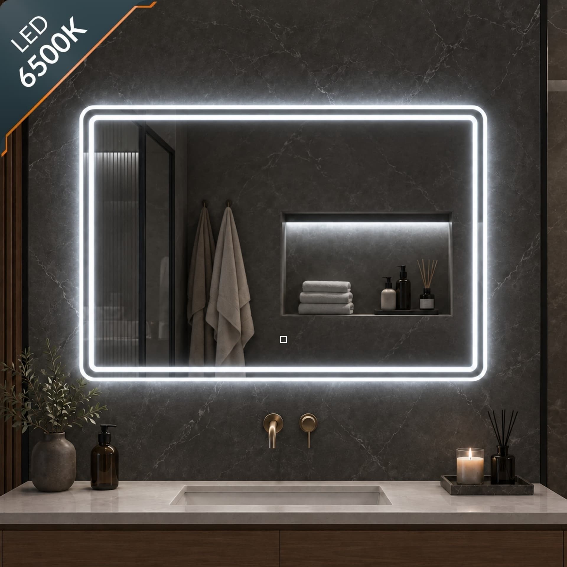 Specchio-5mm-Rettangolare-Smussato-Doppia-Cornice-Led-InterruttoreTouch