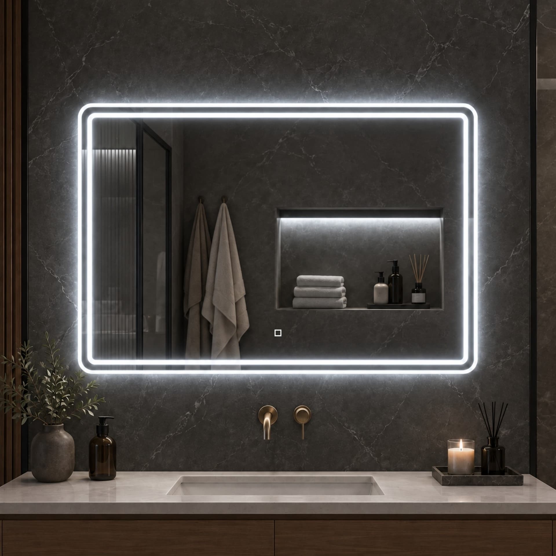Specchio 5mm Rettangolare Smussato Doppia Cornice Led InterruttoreTouch - 29