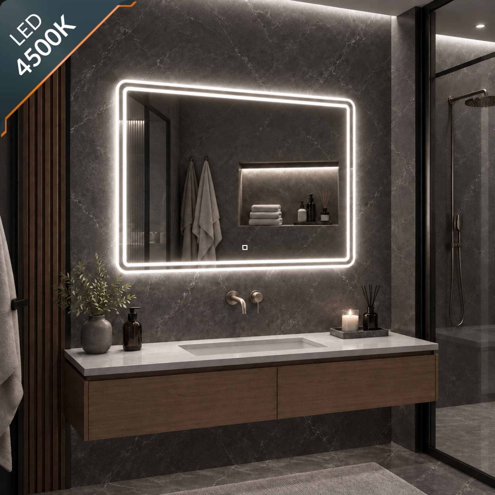 Specchio 5mm Rettangolare Smussato Doppia Cornice Led InterruttoreTouch - 33