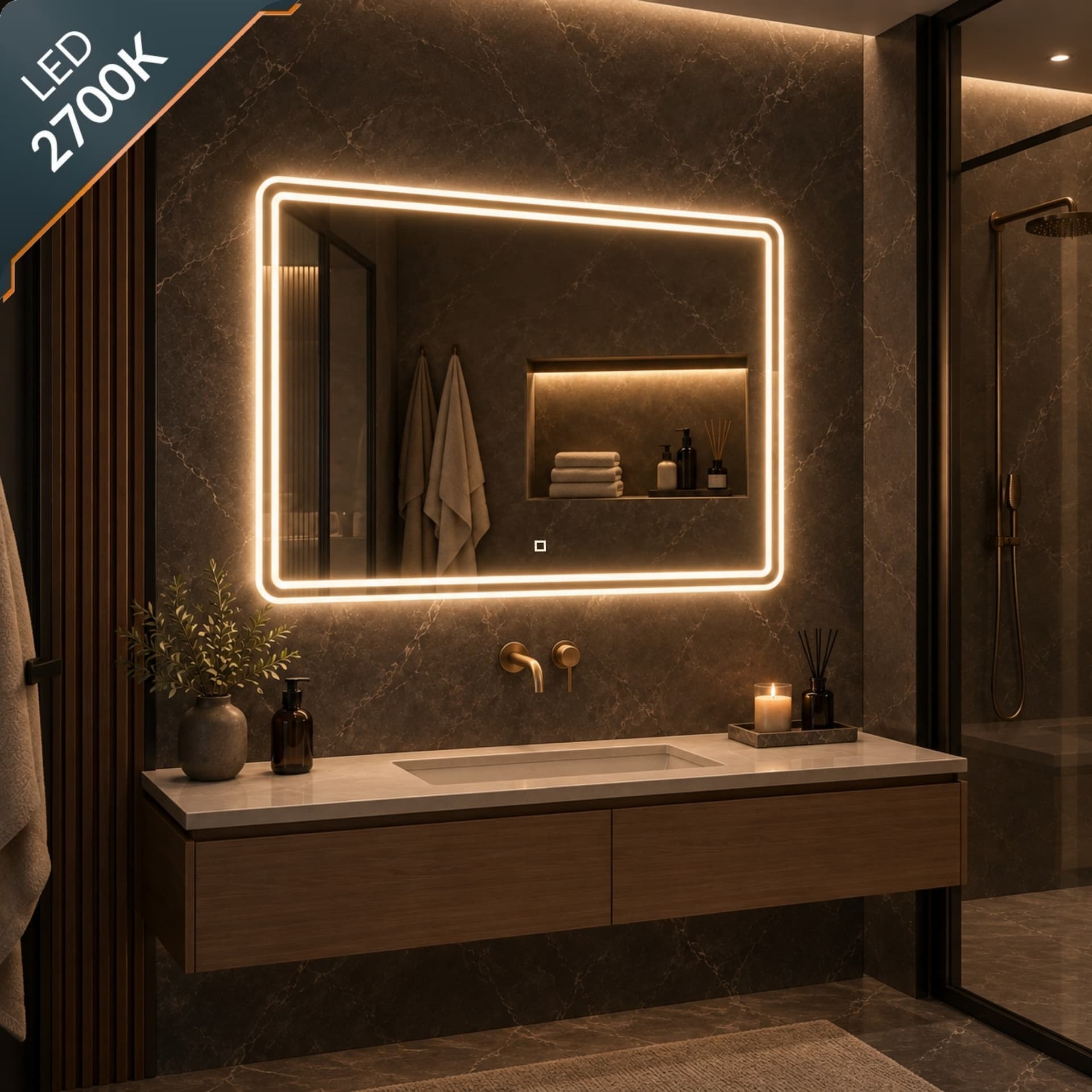 Specchio 5mm Rettangolare Smussato Doppia Cornice Led InterruttoreTouch - 38