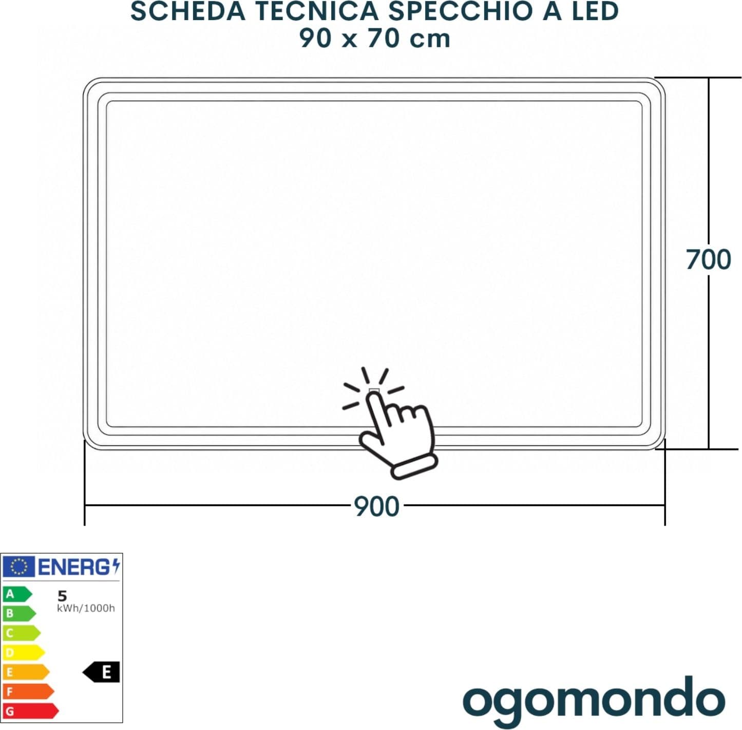 Specchio 5mm Rettangolare Smussato Doppia Cornice Led InterruttoreTouch - 12