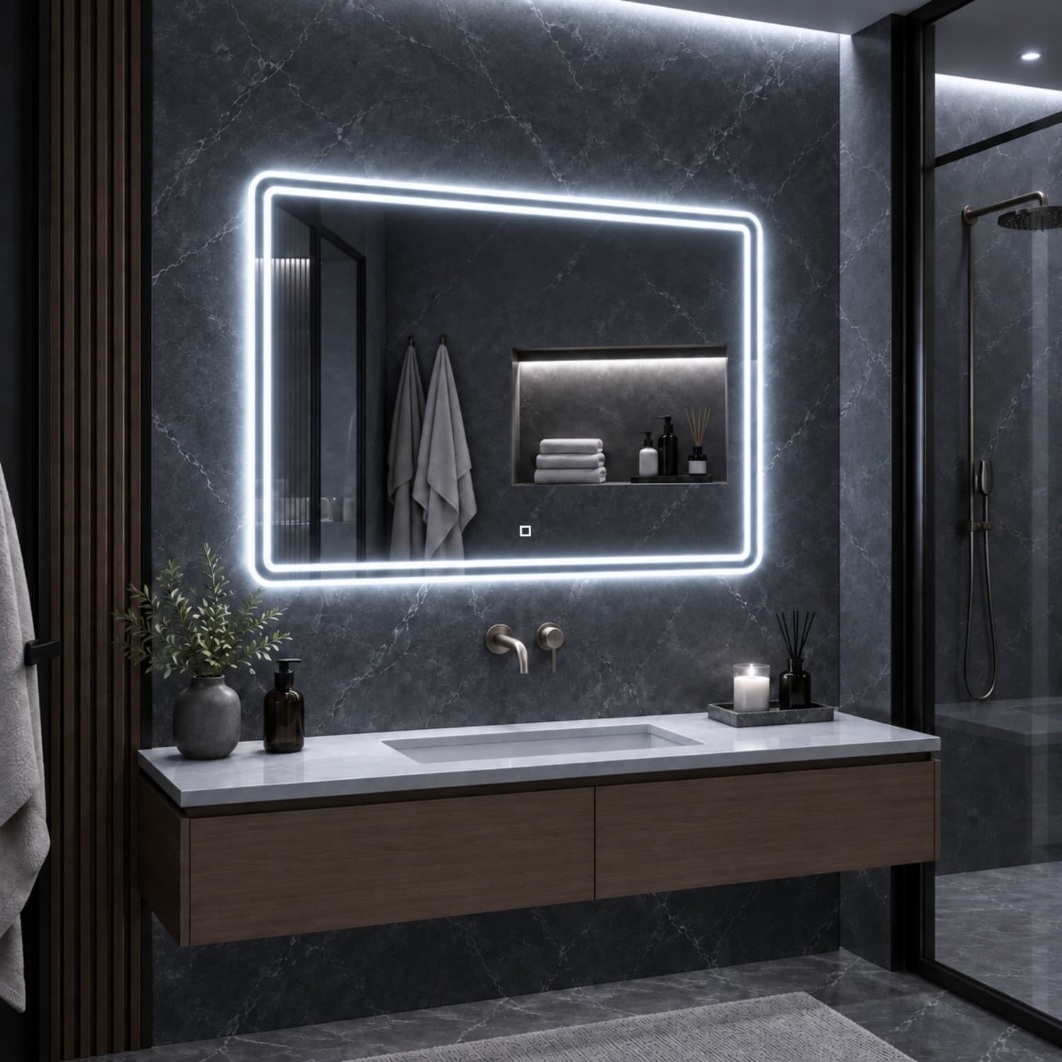 Specchio 5mm Rettangolare Smussato Doppia Cornice Led InterruttoreTouch - 20