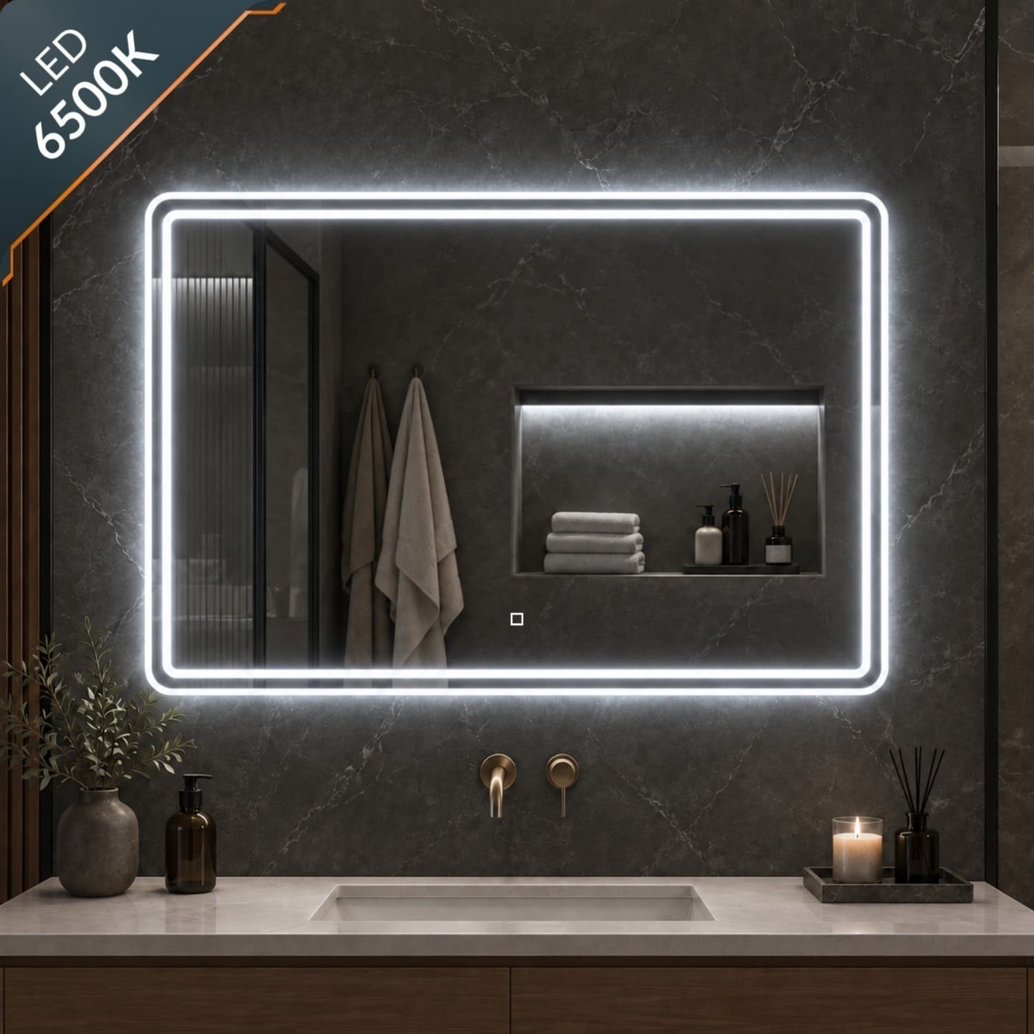 Specchio 5mm Rettangolare Smussato Doppia Cornice Led InterruttoreTouch - 21