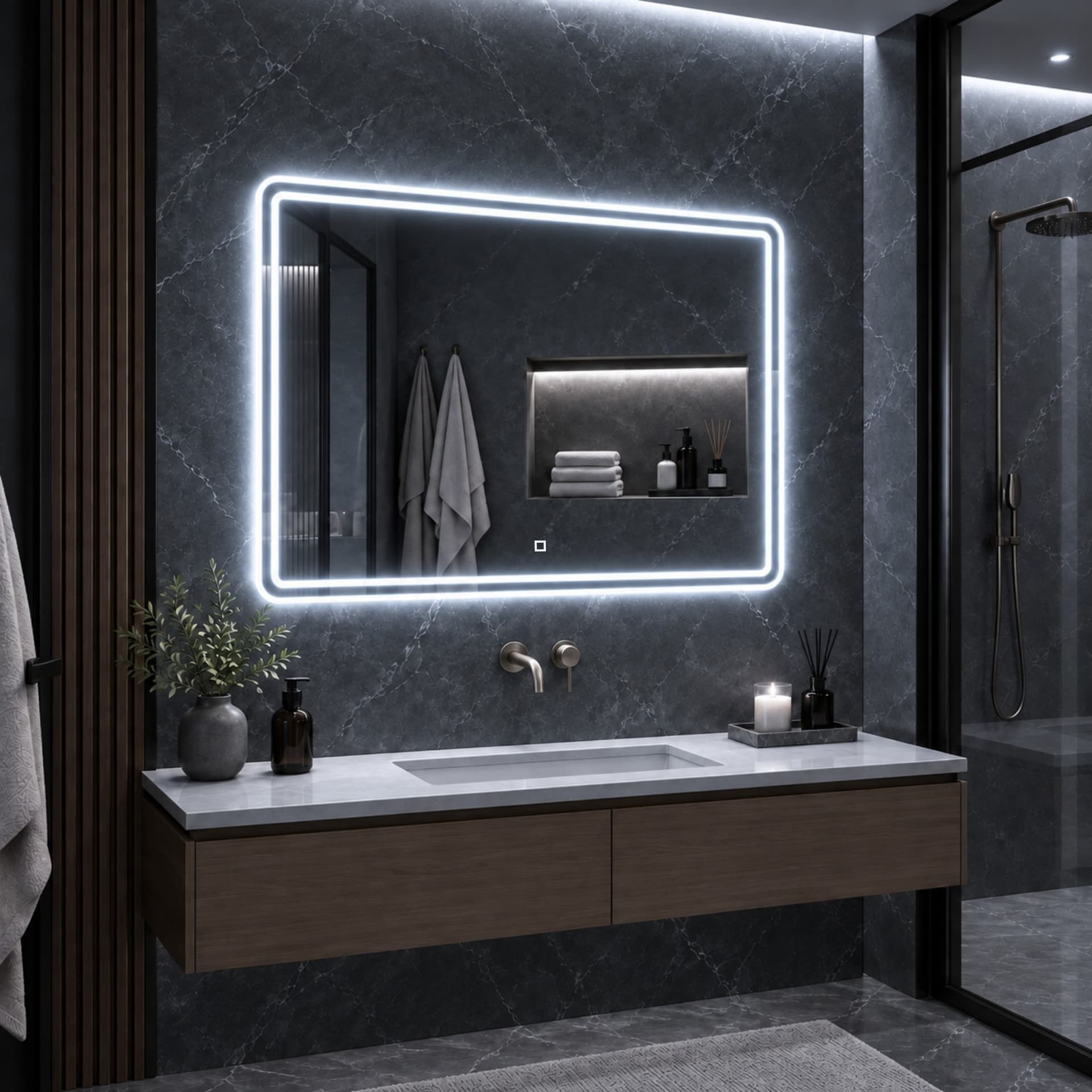 Specchio-5mm-Rettangolare-Smussato-Doppia-Cornice-Led-InterruttoreTouch