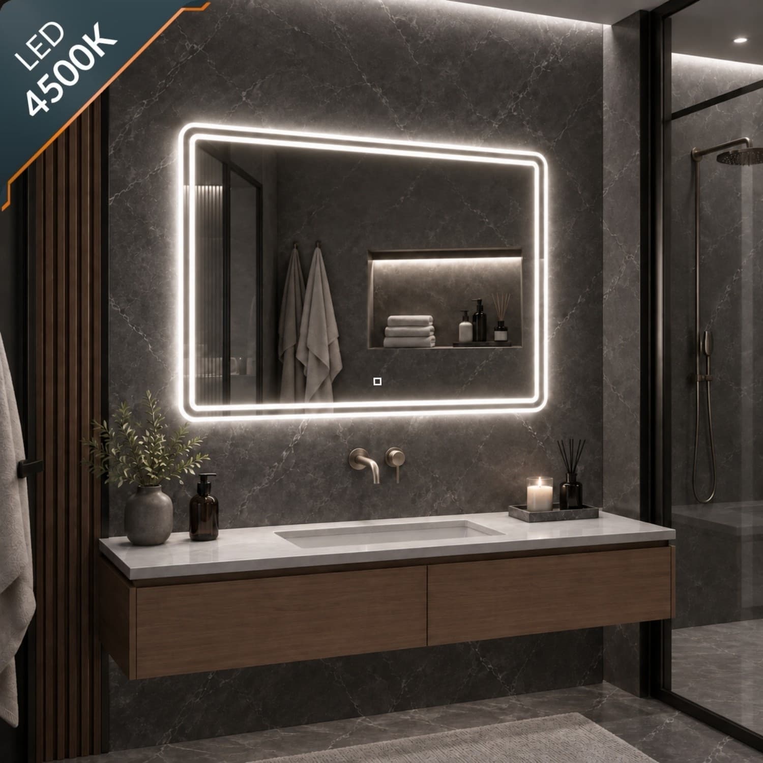 Specchio 5mm Rettangolare Smussato Doppia Cornice Led InterruttoreTouch - 33