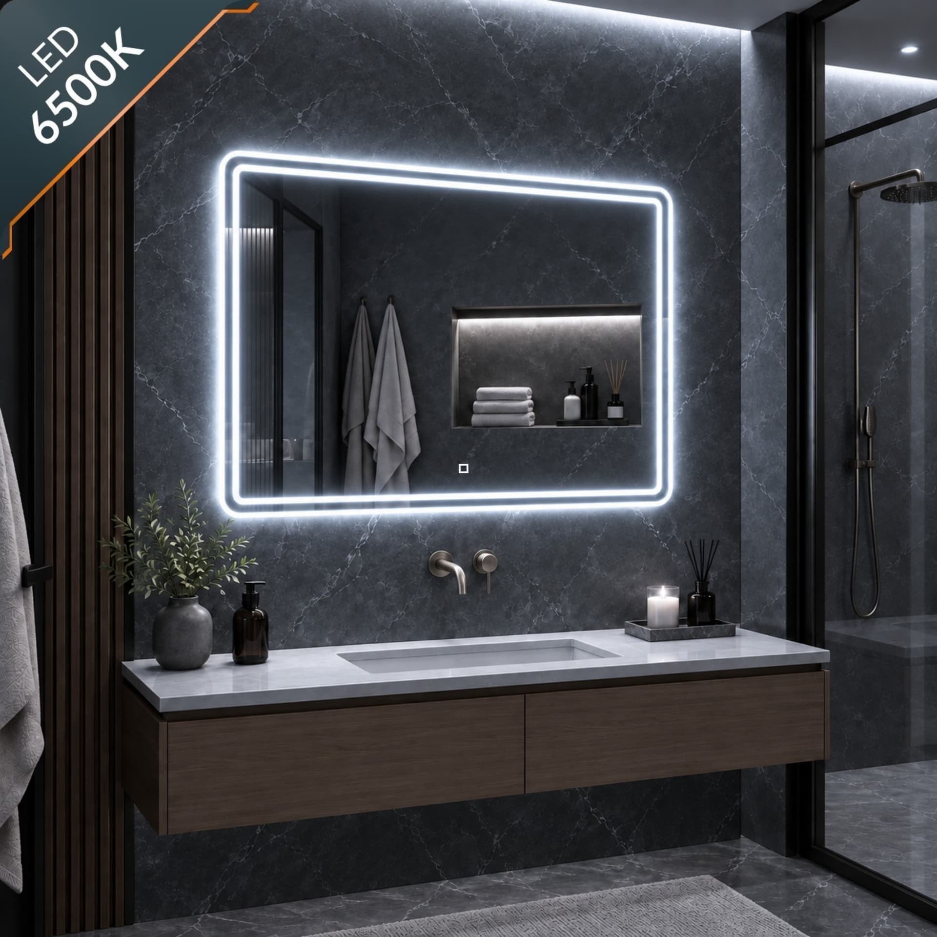 Specchio-5mm-Rettangolare-Smussato-Doppia-Cornice-Led-InterruttoreTouch
