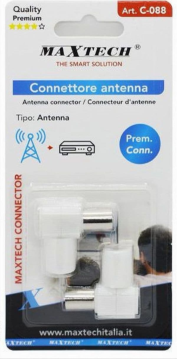 SET 2 PZ CONNETTORE ANTENNA TV ANGOLATO 90° FEMMINA ADATTATORE PER CAVO TV C-088 - 2
