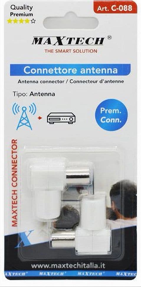 SET 2 PZ CONNETTORE ANTENNA TV ANGOLATO 90° FEMMINA ADATTATORE PER CAVO TV C-088 - 2
