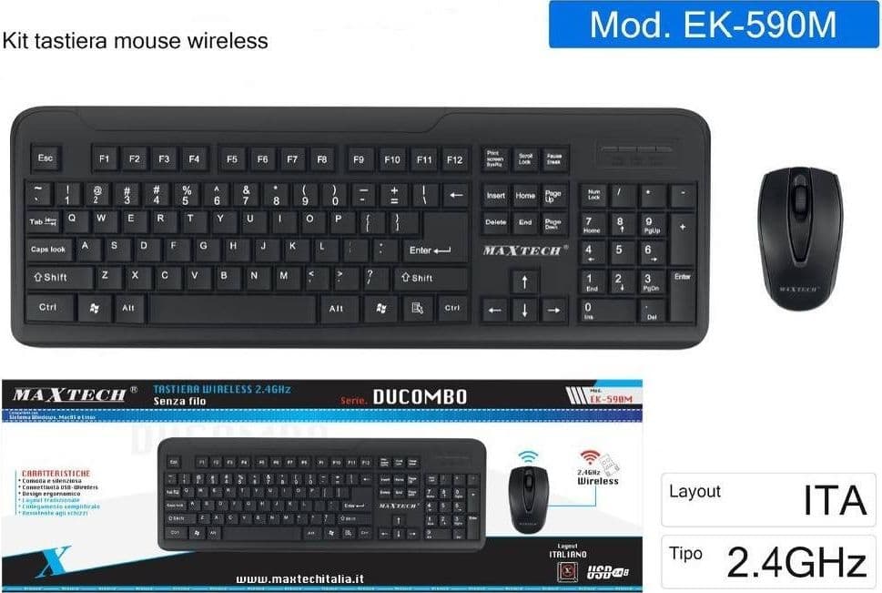 KIT TASTIERA MOUSE WIRELESS 2.4GHZ LAYOUT ITALIANO PC WINDOWS MAC LINUS EK-590M - 2