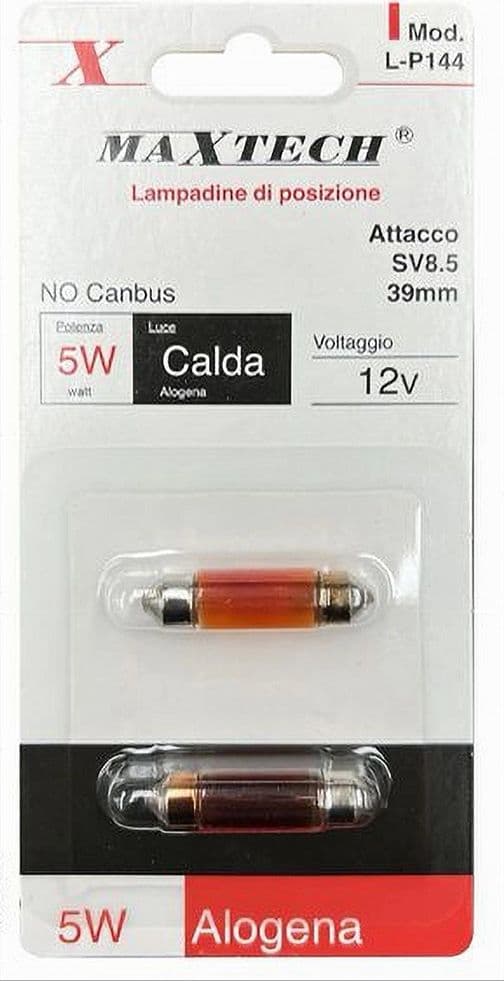 LAMPADINE POSIZIONE SV8.5 39 MM 12V 5 W AUTO NO CANBUS LUCE CALDA ALOGENA L-P144 - 2