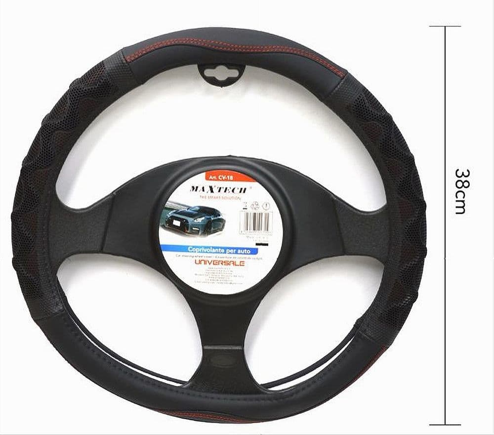 COPRIVOLANTE UNIVERSALE PER AUTO FODERA STERZO 38CM NERO ROSSO CON RILIEVO CV-18 - 2