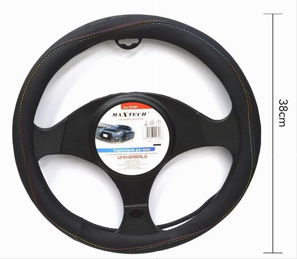 COPRIVOLANTE UNIVERSALE AUTO FODERA STERZO 38CM NERO CON CUCITURE COLORATE CV-21 - 2