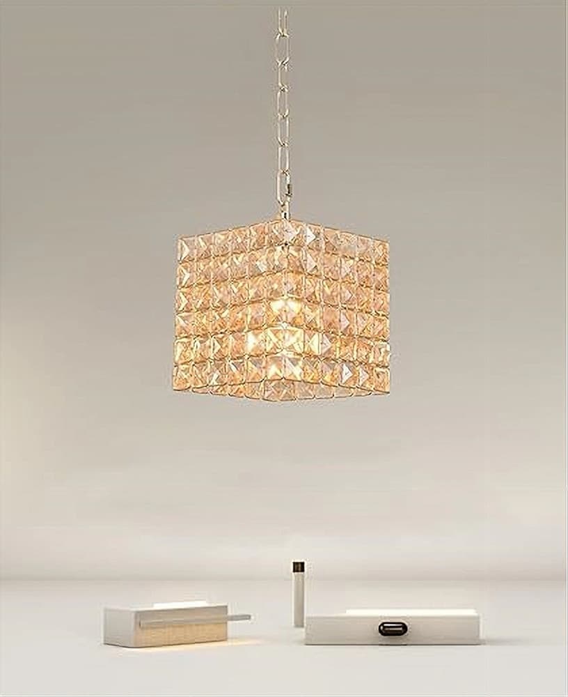 LAMPADARIO SOSPESO CUBO CRISTALLI LAMPADA LUCE ATTACCO E27 ORO QUADRATO 32309 - 7