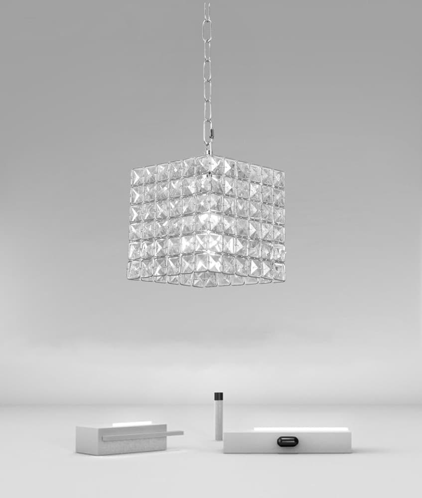 LAMPADARIO SOSPESO CUBO CON CRISTALLI LAMPADA LUCE E27 ARGENTO QUADRATO 32323 - 7